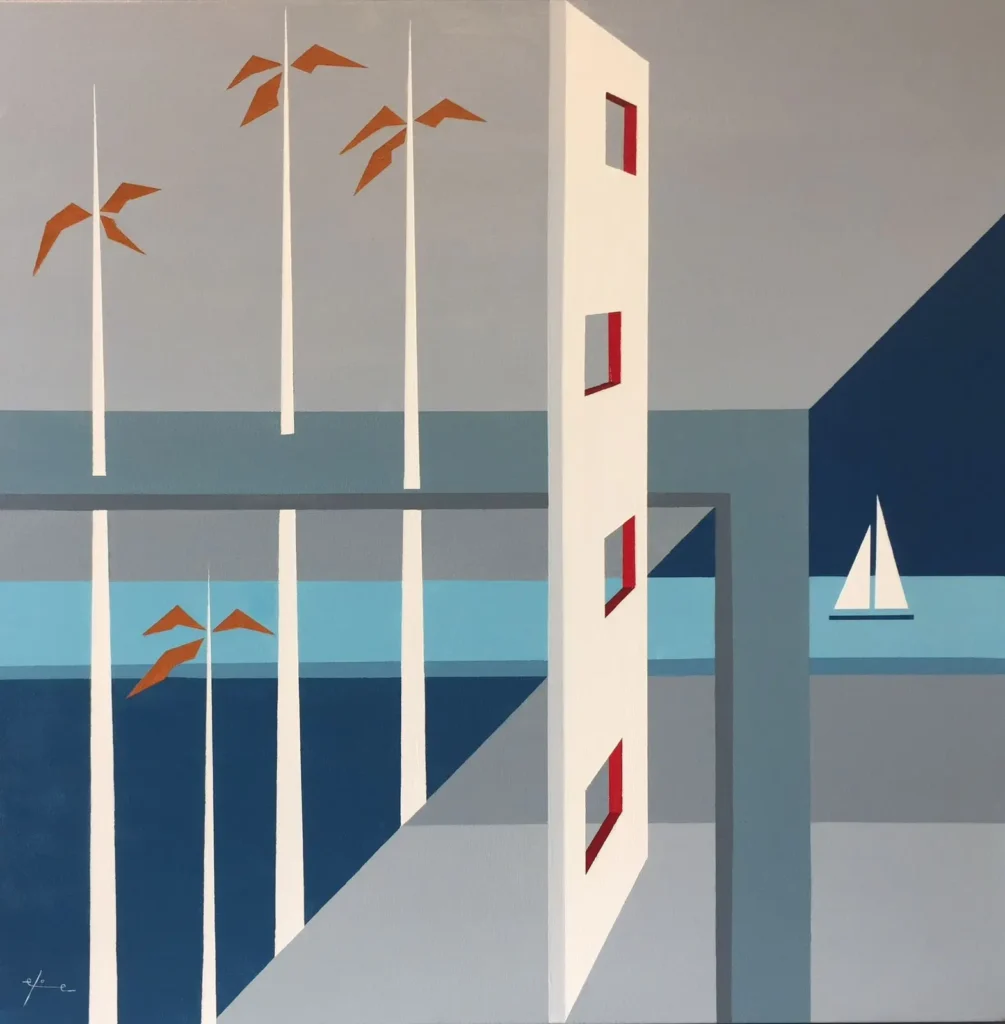 Obra Conveniência AST, de Eliane Mourão, com composição geométrica inspirada na arquitetura, no mar e nas paisagens de Ubatuba.