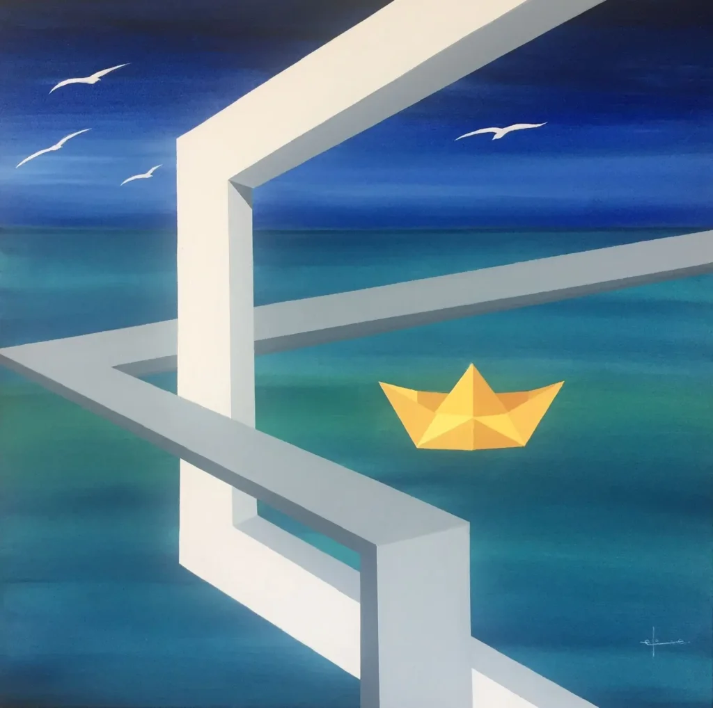 Obra Mar de Sonhos, de Eliane Mourão, com barco amarelo, aves e formas geométricas sobre paisagem marítima em tons de azul.