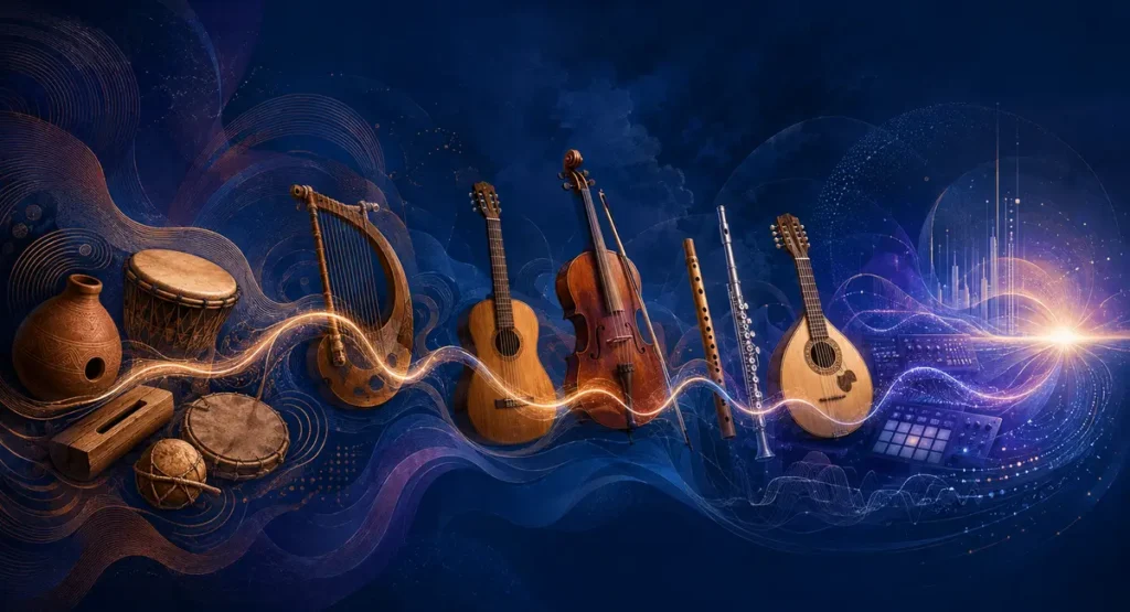 nstrumentos musicais de diferentes épocas conectados por uma linha sonora em direção ao futuro