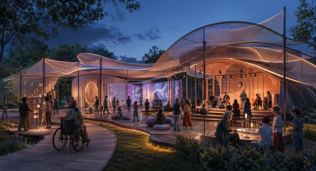 Pavilhão conceitual da Bienal Sonora com apresentações, instalações interativas e público diverso