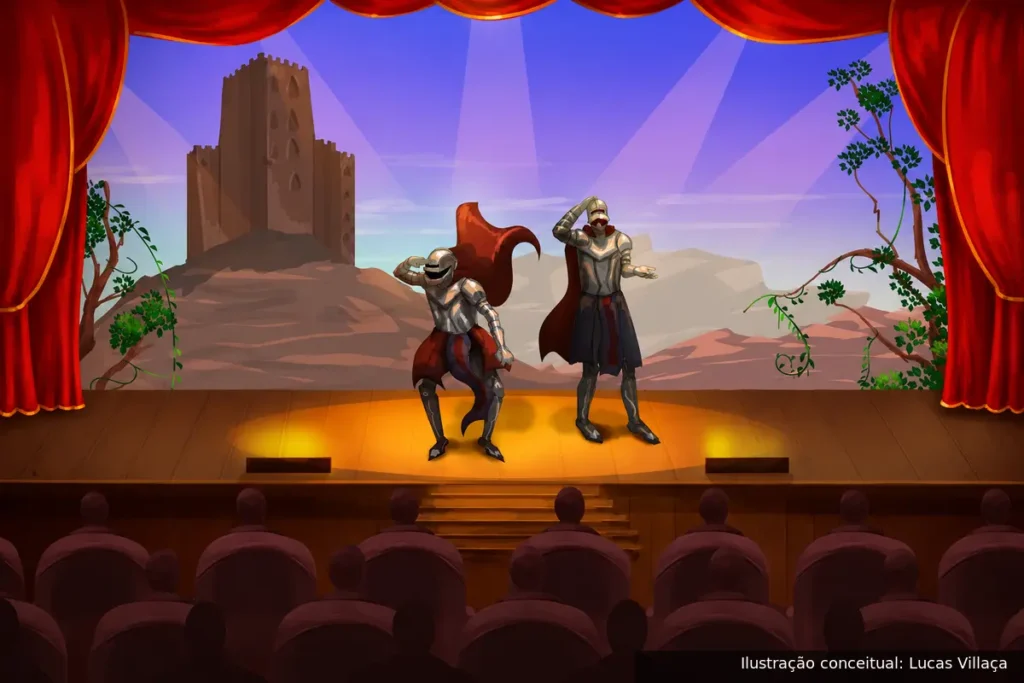 Ilustração conceitual de SPAMALOT com personagens em um palco diante de um castelo
