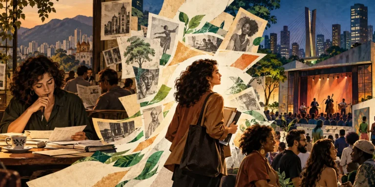 Ilustração sobre a trajetória das leis de incentivo à cultura, da pesquisa em Belo Horizonte às experiências culturais contemporâneas em São Paulo.