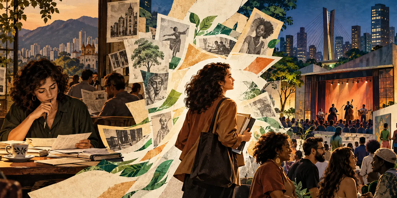 Ilustração sobre a trajetória das leis de incentivo à cultura, da pesquisa em Belo Horizonte às experiências culturais contemporâneas em São Paulo.