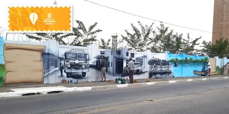 Artistas pintam mural do projeto Tribos de São Miguel, realizado pelo PROMAC em São Miguel Paulista, periferia de São Paulo.